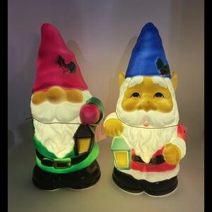 2 Piece Holiday Time 11" Light Up Tabletop Blue & Red Garden Gnome Blow Mold Set